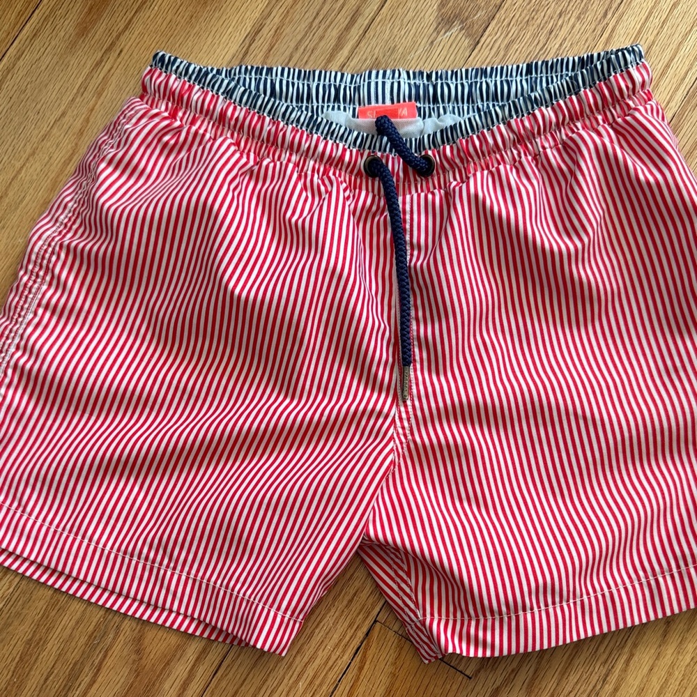 Kids Red Stripe Swim Trunks with Navy Drawstring